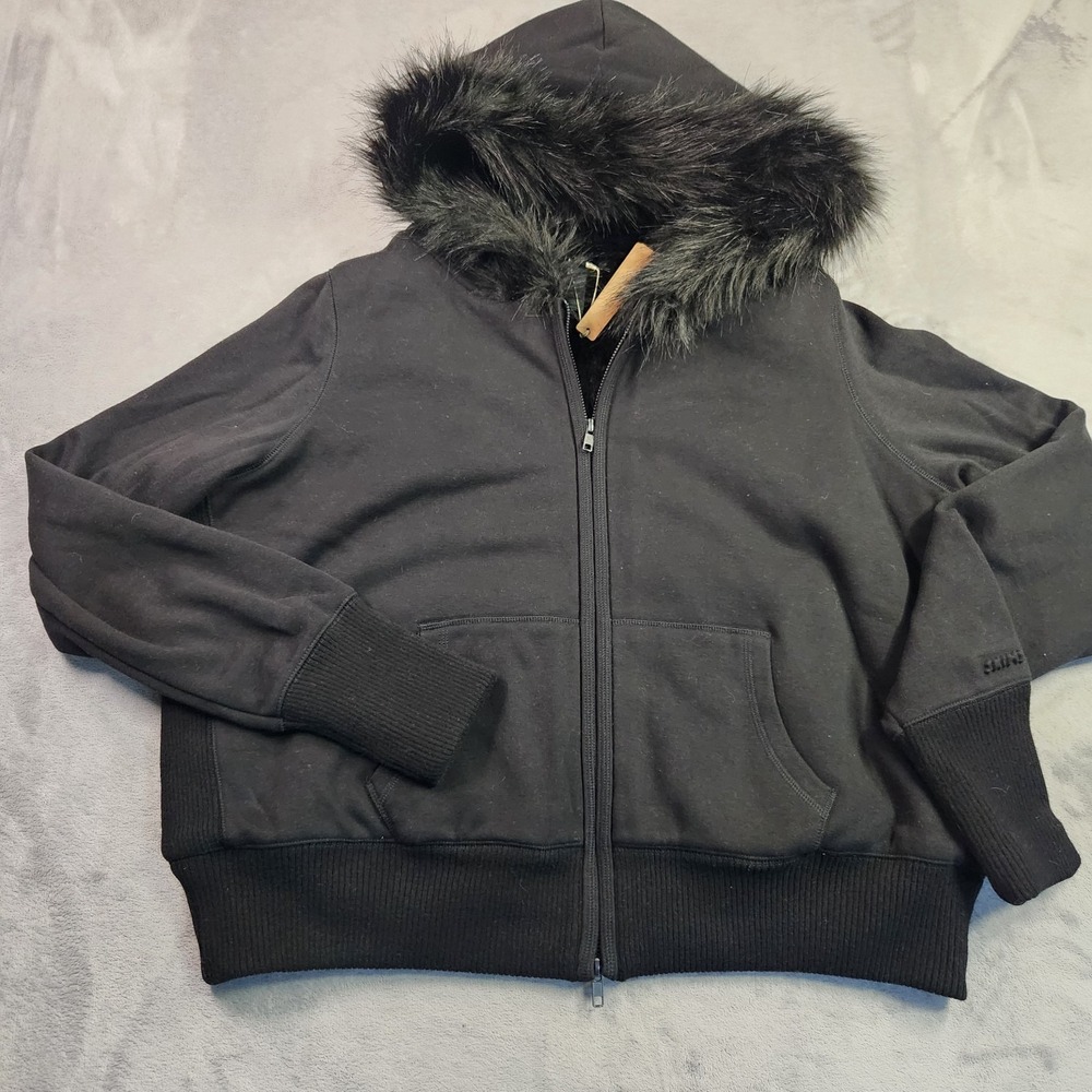 New SKIMS Cotton Fleece Faux Fur Lined Zip Up Hoodie Jacket Onyx Black XL Rare